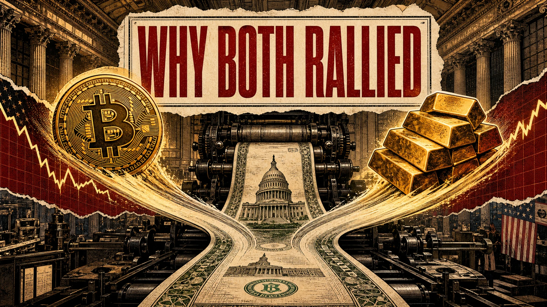 Editorial illustration of Bitcoin and gold rising together with Treasury and bond-market imagery