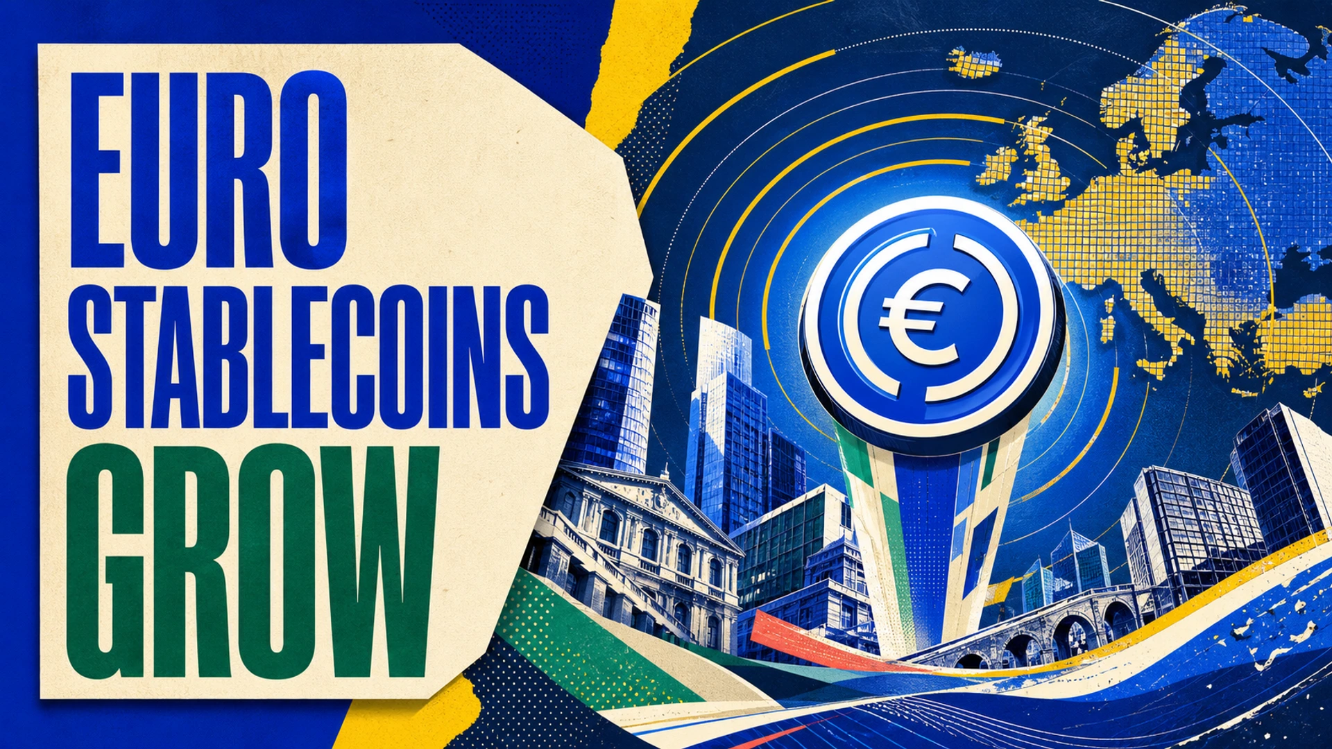 Euro-linked digital token rising over a European financial district