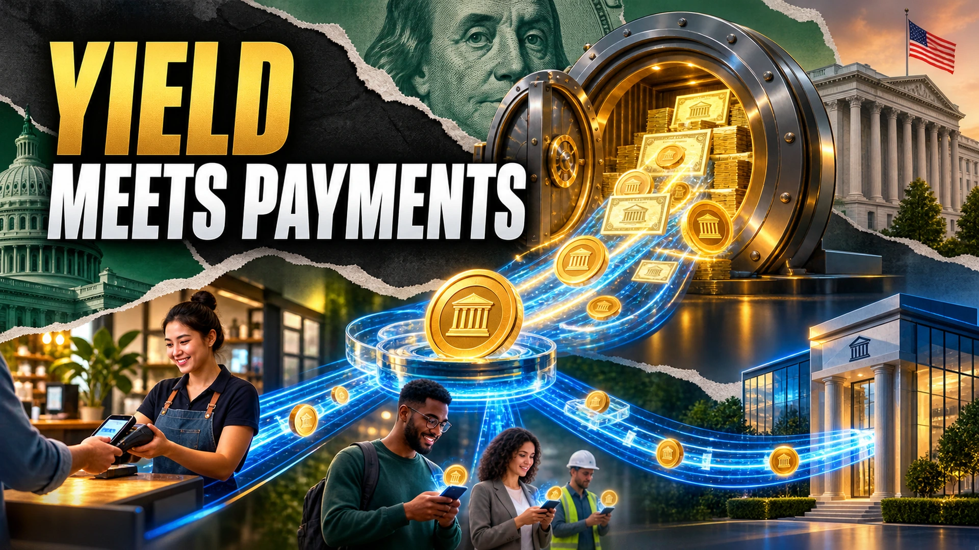 Tokenized Treasury yield flowing from a secure vault into global payment rails