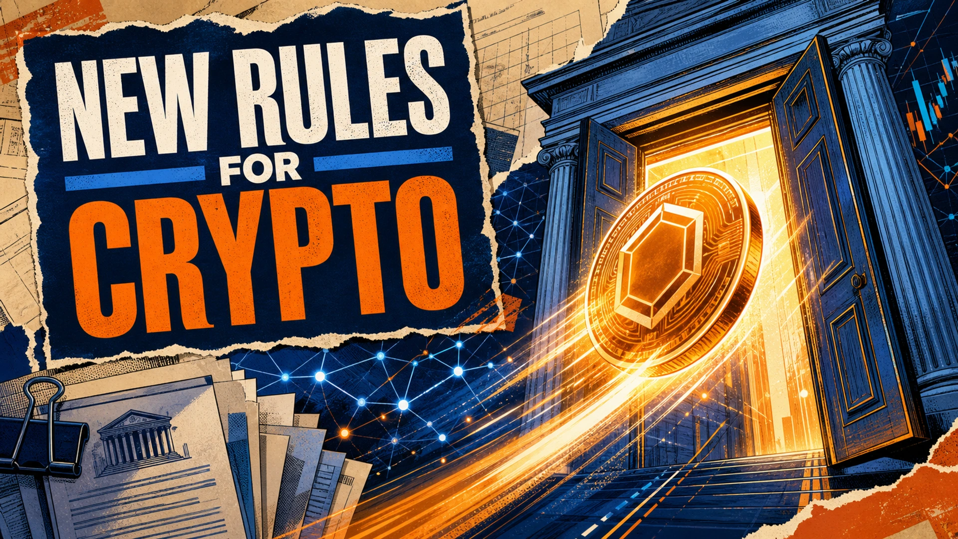 Editorial poster showing a crypto token passing through a new regulatory gateway
