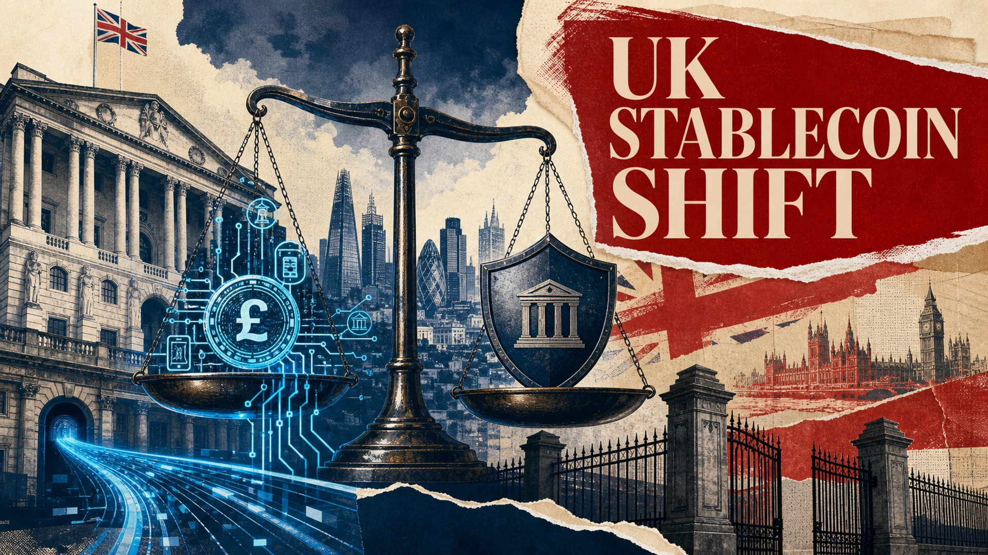 Editorial illustration balancing UK stablecoin innovation with Bank of England financial stability